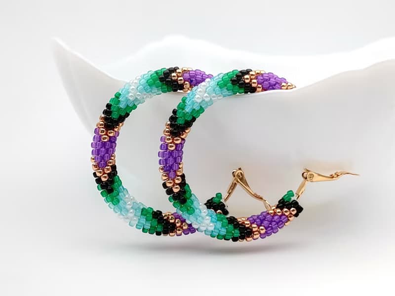 串珠耳環, 圈型耳環, Big beaded hoop earrings, Purple green earrings, Handmade jewelry