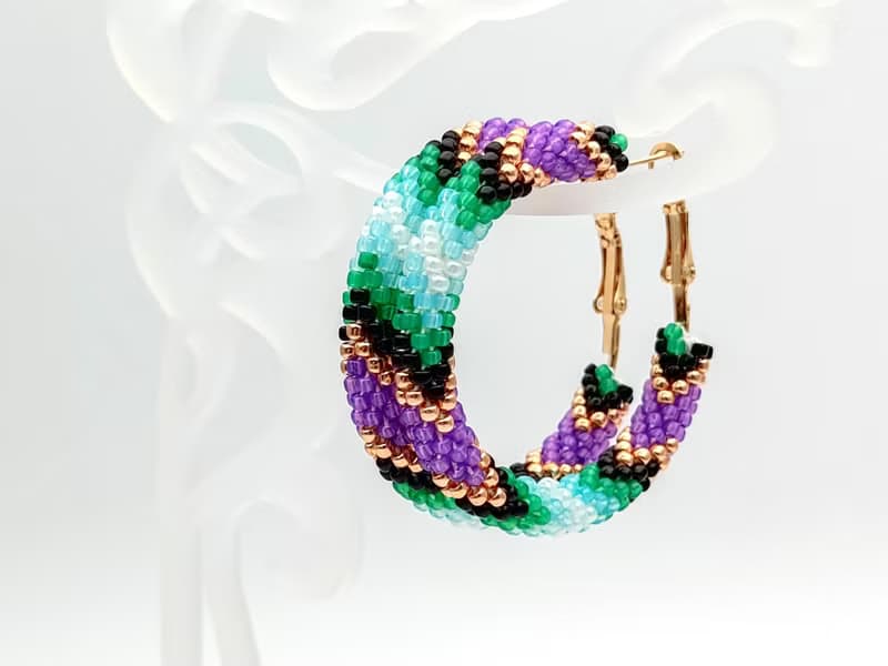 串珠耳環, 圈型耳環, Big beaded hoop earrings, Purple green earrings, Handmade jewelry