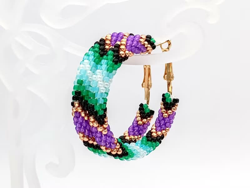 串珠耳環, 圈型耳環, Big beaded hoop earrings, Purple green earrings, Handmade jewelry