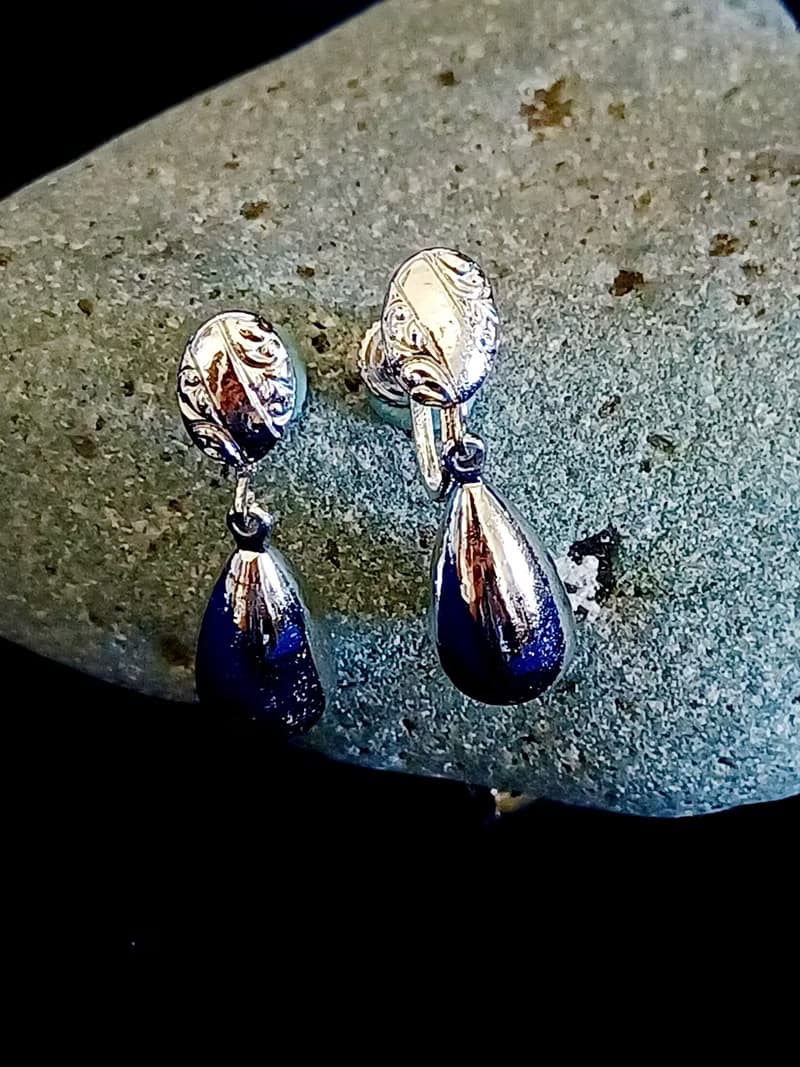 vintage jewelry  典雅銀色水滴垂墜 夾式耳環