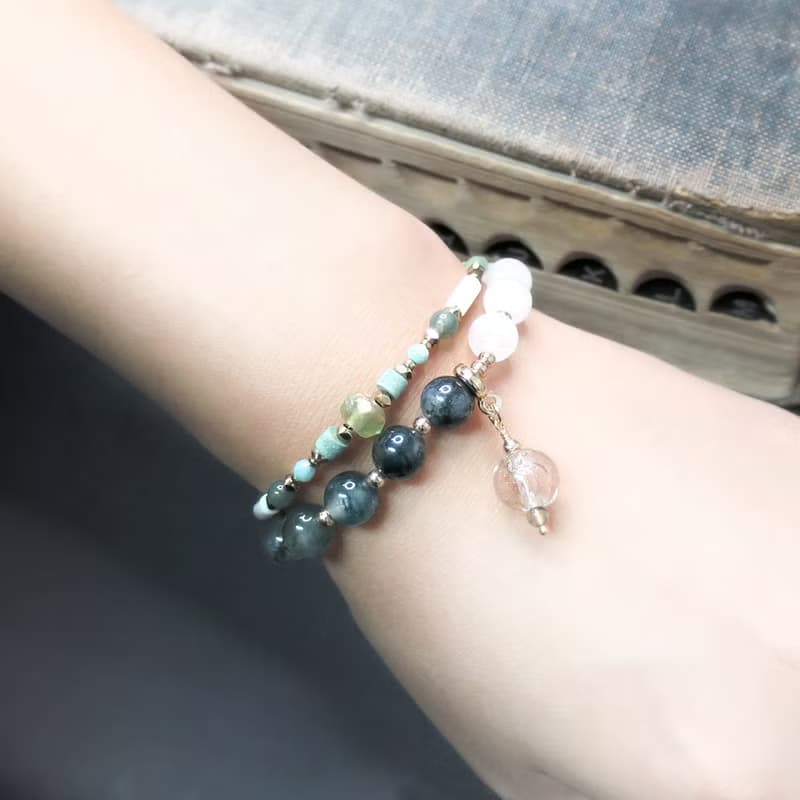 VIIART。芳草地。綠松天河石水草瑪瑙古著金黃銅手鍊| 復古招財