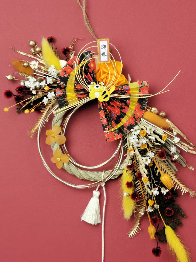 永生玫瑰花日式祈福注連繩-橙黃色系