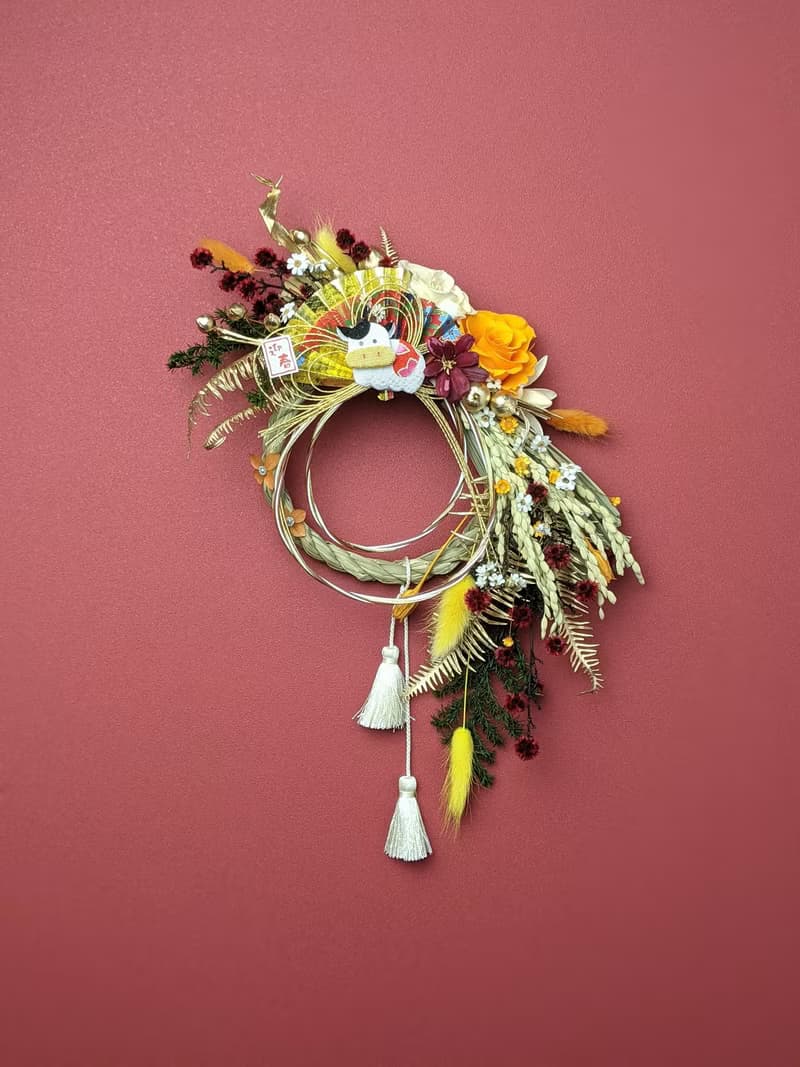 永生玫瑰花日式祈福注連繩-橙黃色系