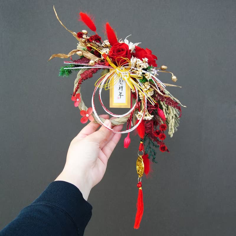 永生玫瑰花日式祈福注連繩-橙黃色系