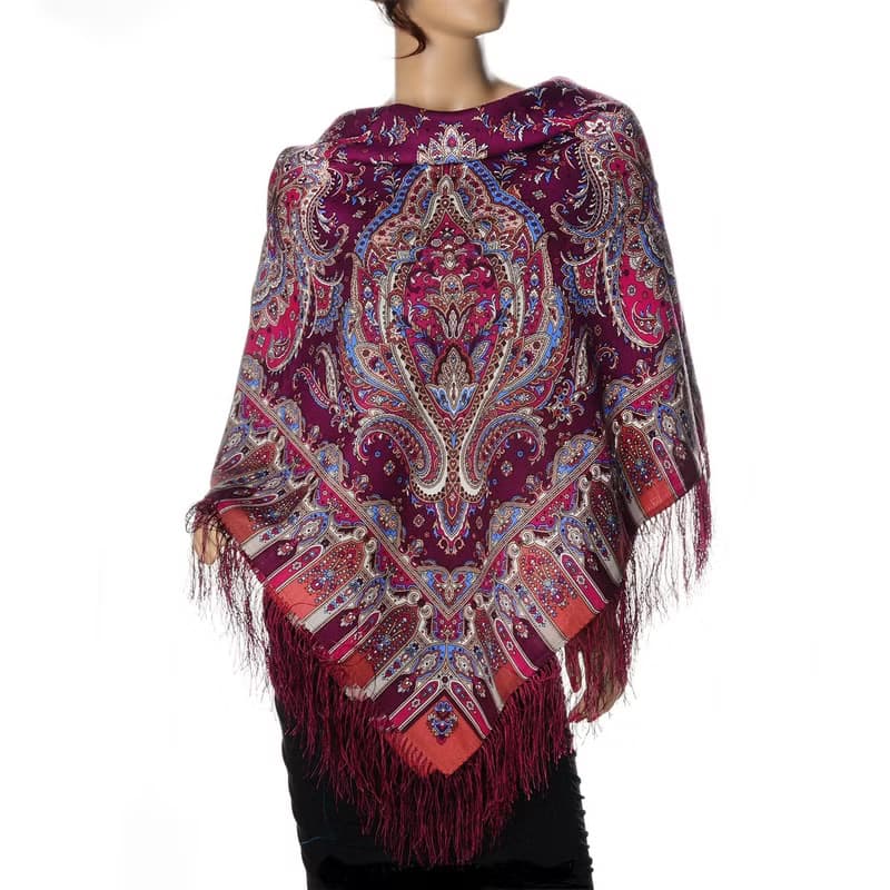 Pavlovo Posad Russian Shawl 100% Wool Scarf 125x125 cm Wrap Silk Fringe 1683-57