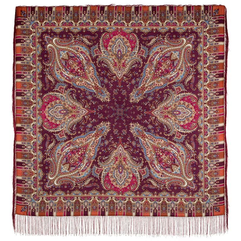 Pavlovo Posad Russian Shawl 100% Wool Scarf 125x125 cm Wrap Silk Fringe 1683-57