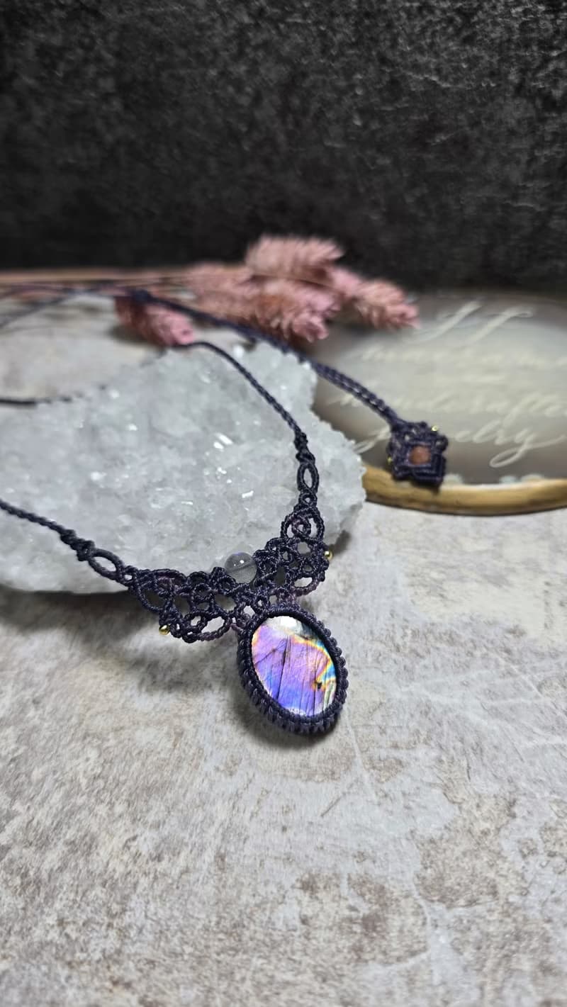 L158紫彩拉長石。南美蠟線編織項鍊