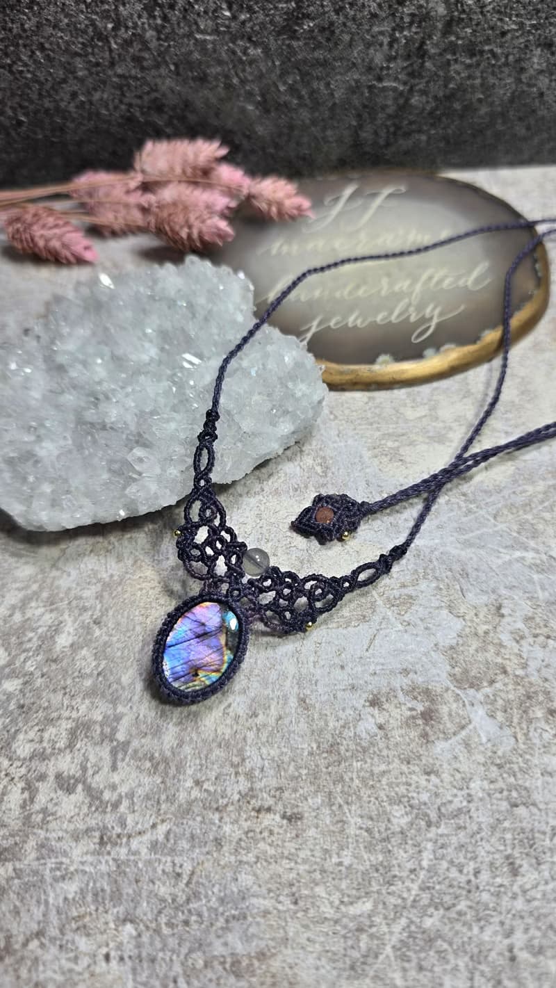 L158紫彩拉長石。南美蠟線編織項鍊