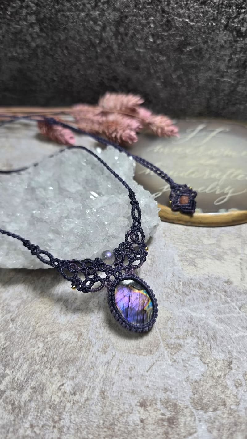 L158紫彩拉長石。南美蠟線編織項鍊