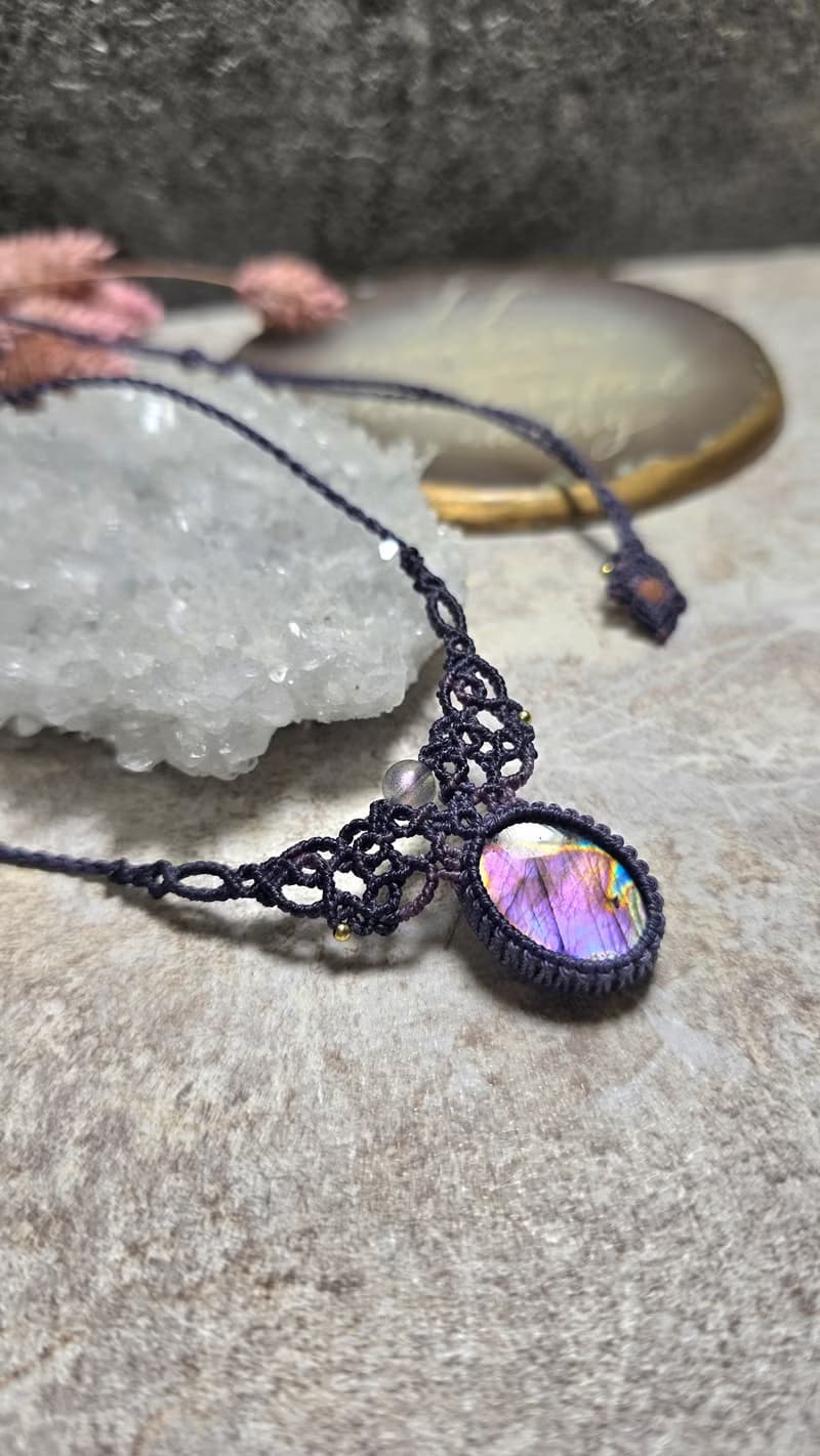 L158紫彩拉長石。南美蠟線編織項鍊