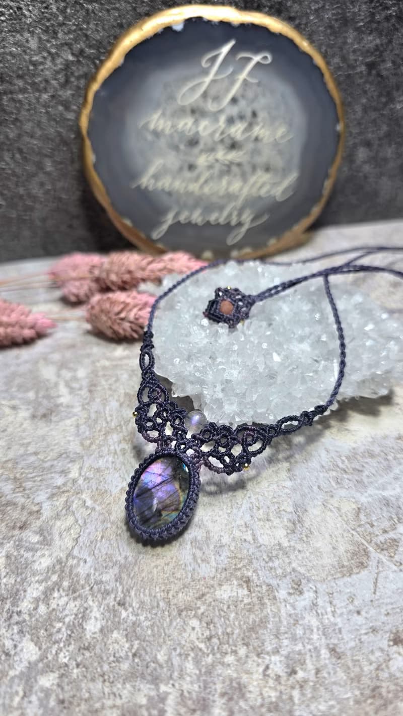 L158紫彩拉長石。南美蠟線編織項鍊