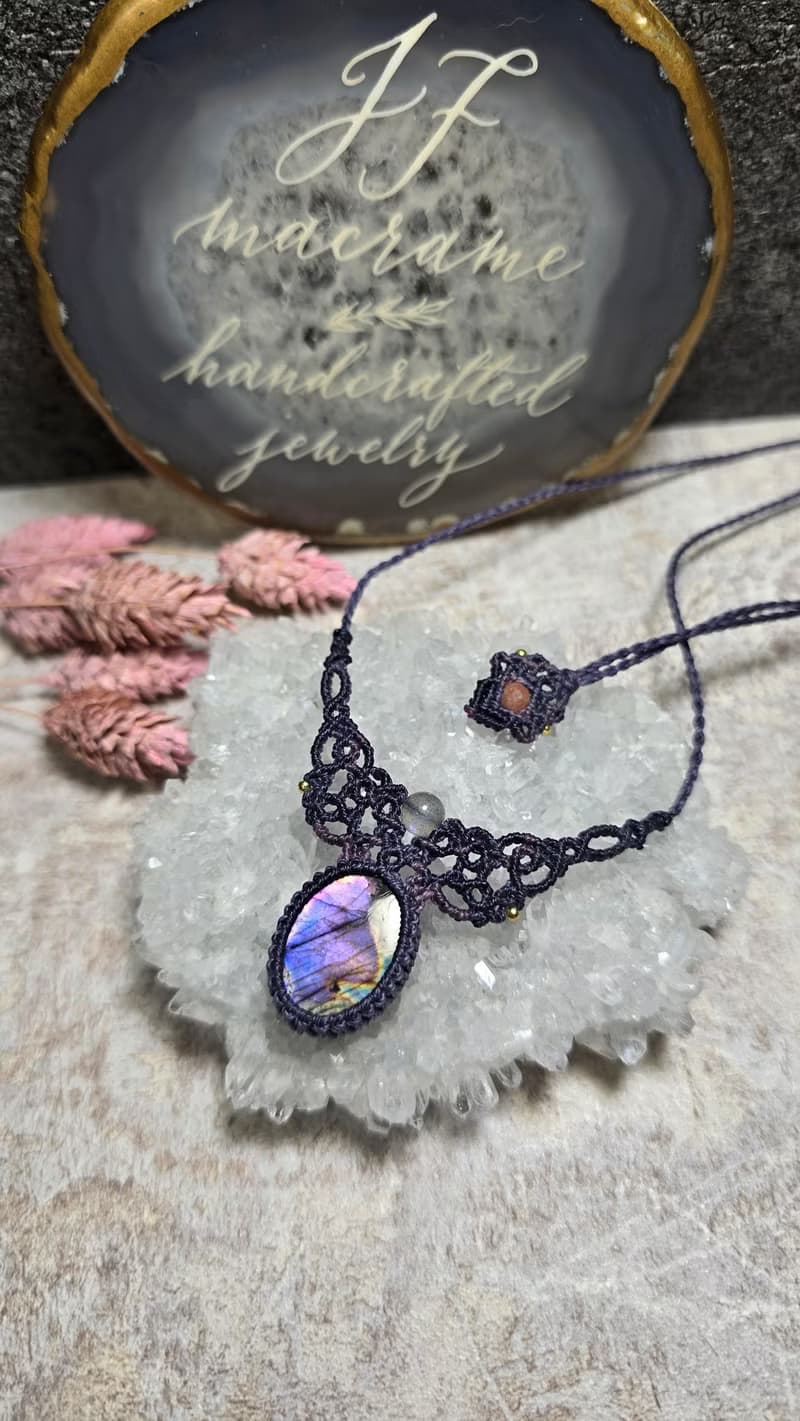 L158紫彩拉長石。南美蠟線編織項鍊