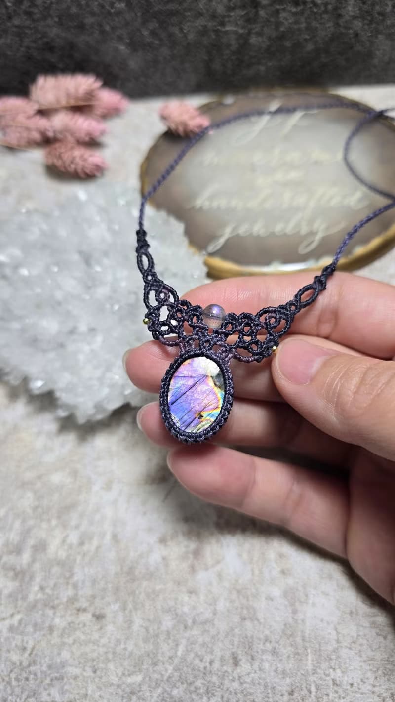 L158紫彩拉長石。南美蠟線編織項鍊