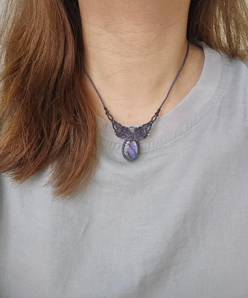 L158紫彩拉長石。南美蠟線編織項鍊