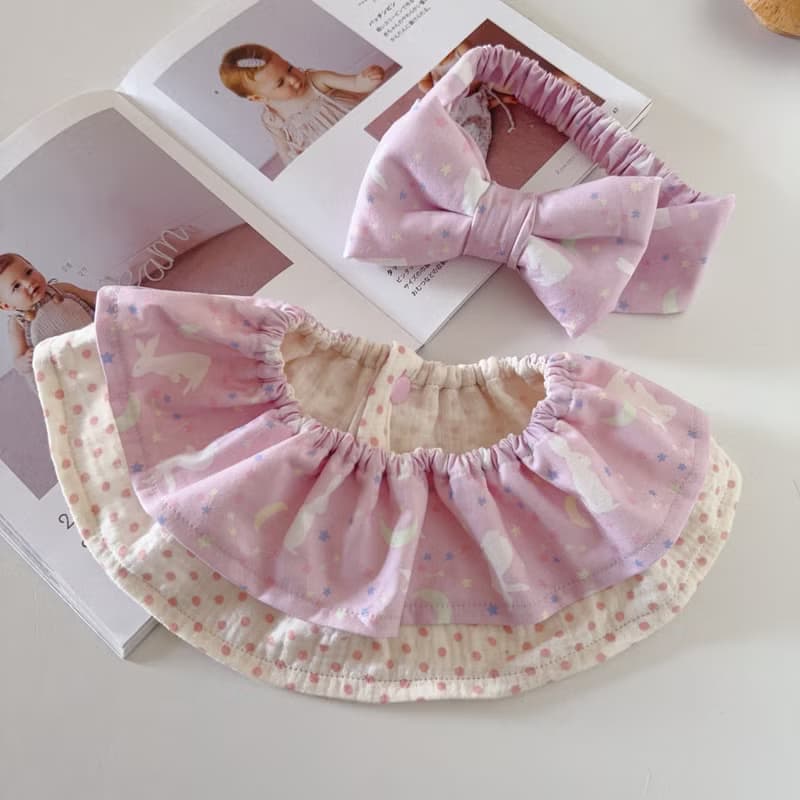 粉紅許願星月兔兔 荷葉圍兜寶寶髮帶 嬰兒禮物新生兒滿月禮