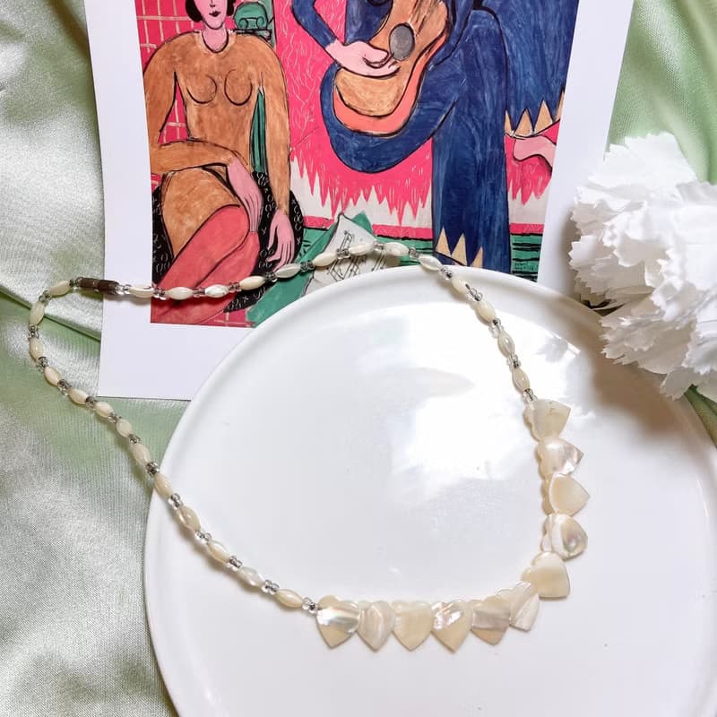 【西洋古董飾品】愛心天然珍珠母貝光澤 光澤感折射 天然美項鍊