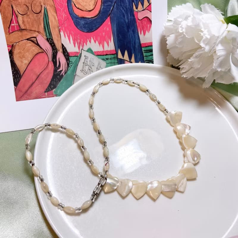 【西洋古董飾品】愛心天然珍珠母貝光澤 光澤感折射 天然美項鍊