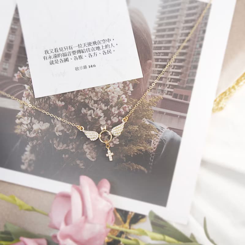 Giftest 18K鍍金 / 天使十架 十字架基督教翅膀飾品項鍊聖經N63