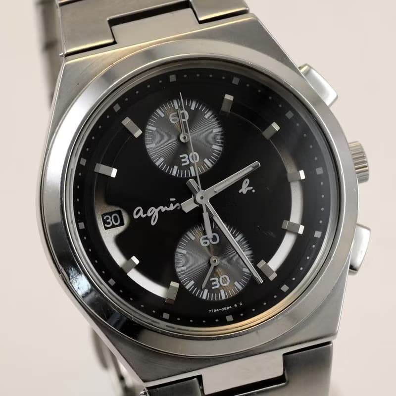 アニエスベー agnes b. 男性用腕時計 QUARTZ クロノグラフ 黒文字盤 38mm径 Ref.7T94-0AX0 手錶 古董錶