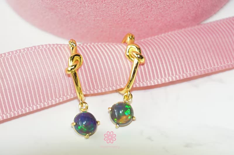 Natural Black Opal Drop Earrings Sterling Silver 925 with Gold Plated.