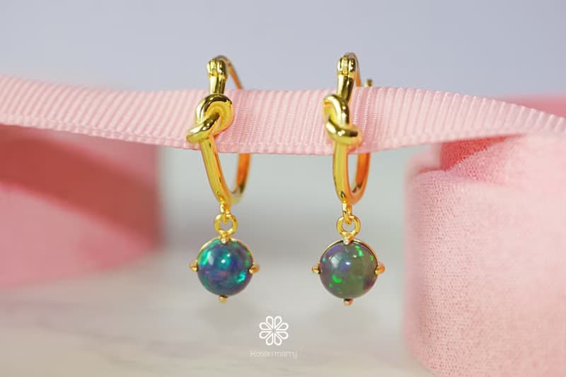 Natural Black Opal Drop Earrings Sterling Silver 925 with Gold Plated.