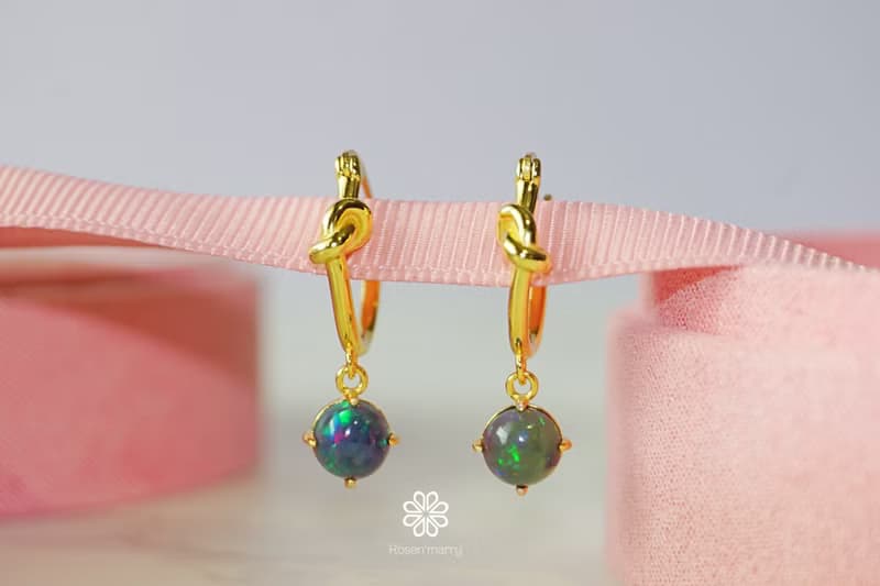 Natural Black Opal Drop Earrings Sterling Silver 925 with Gold Plated.
