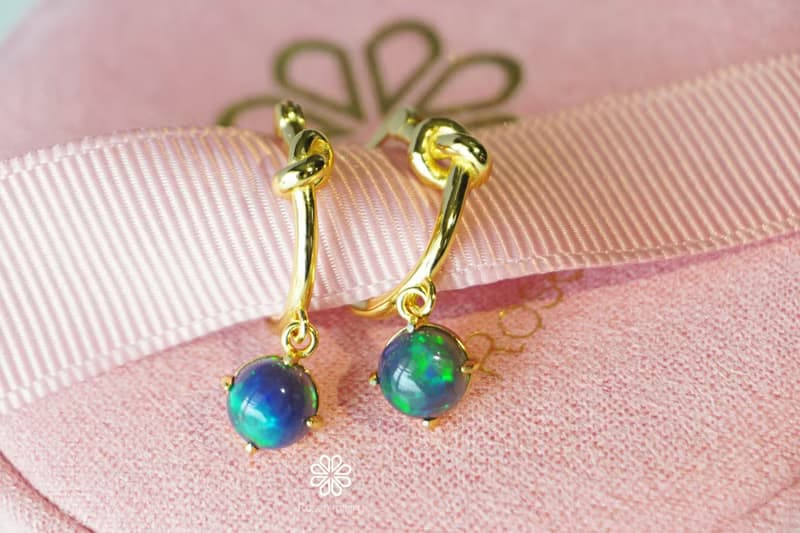 Natural Black Opal Drop Earrings Sterling Silver 925 with Gold Plated.