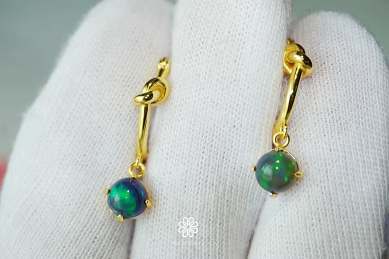 Natural Black Opal Drop Earrings Sterling Silver 925 with Gold Plated.