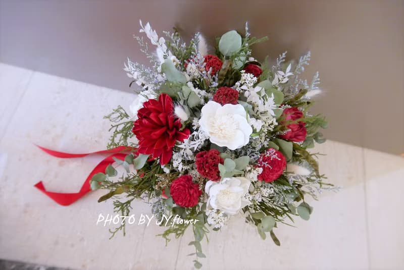 歐式乾燥花手綁捧花【嫣紅柔綠】新娘捧花/婚紗外拍/婚禮捧花