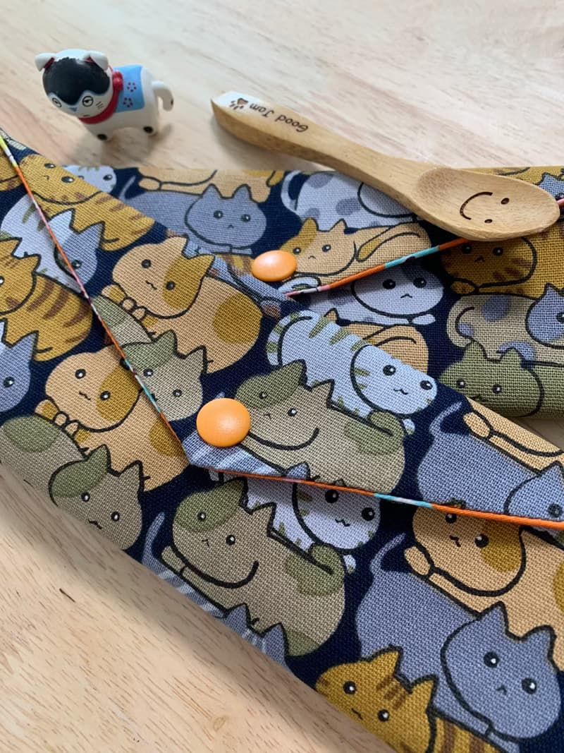 文青風環保純棉筷袋 喵喵有心事 深情黑 日本 潮物 收納 手作餐具
