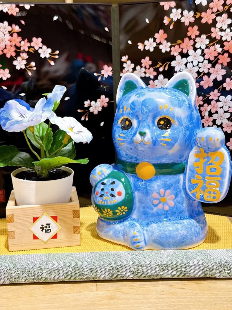 【青色招福】日本清水燒招財貓 | 達摩花結晶 - 青招福