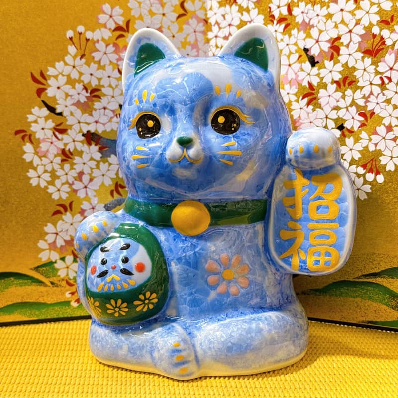 【青色招福】日本清水燒招財貓 | 達摩花結晶 - 青招福