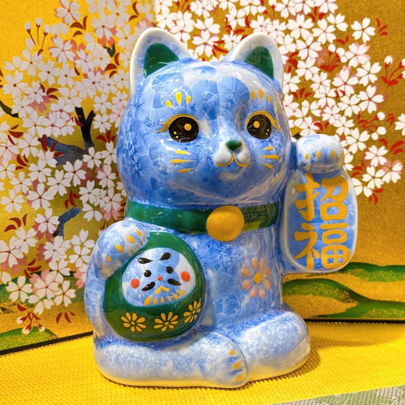 【青色招福】日本清水燒招財貓 | 達摩花結晶 - 青招福