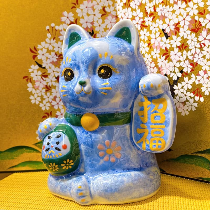 【青色招福】日本清水燒招財貓 | 達摩花結晶 - 青招福