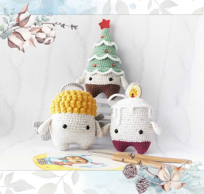 Souvenir trio toys, Christmas tree, angel, and candle dolls, Winter ornaments