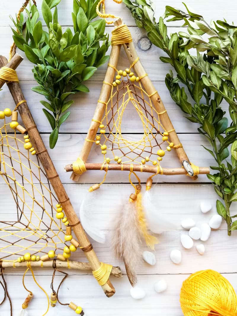 Yellow dream catcher, Natural wall hanging, Nursery wall decor