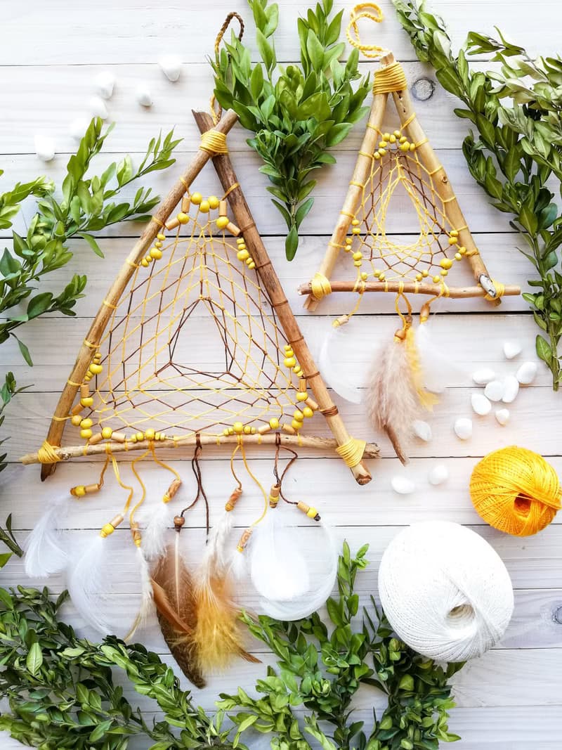 Yellow dream catcher, Natural wall hanging, Nursery wall decor