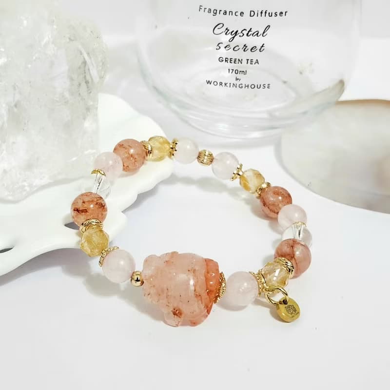 粉晶紅膠花龍龜設計手鍊/招貴人運招桃花/平衡情緒之水晶