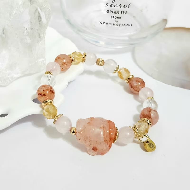 粉晶紅膠花龍龜設計手鍊/招貴人運招桃花/平衡情緒之水晶