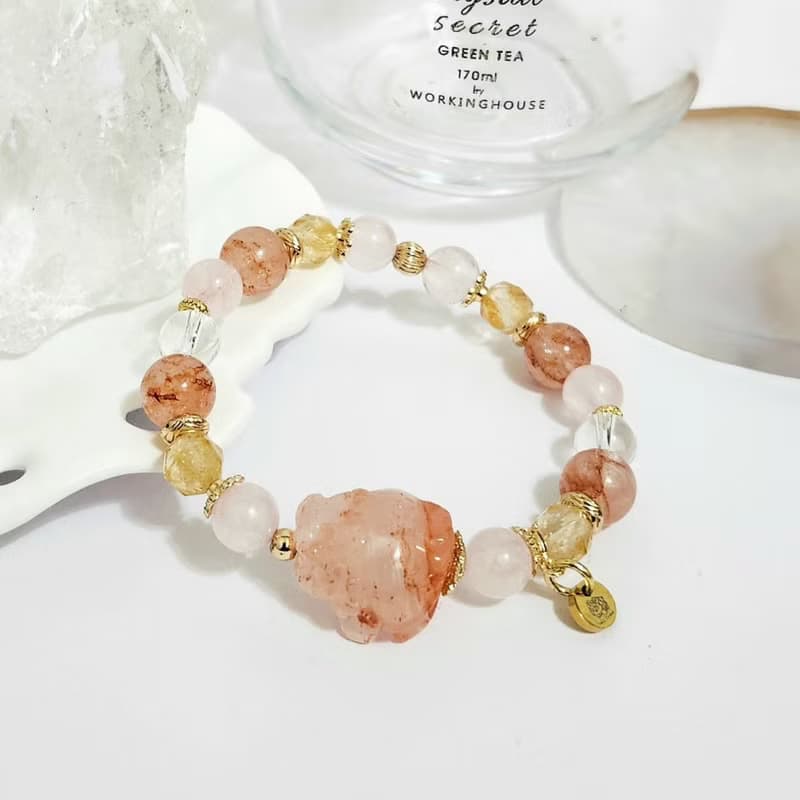 粉晶紅膠花龍龜設計手鍊/招貴人運招桃花/平衡情緒之水晶