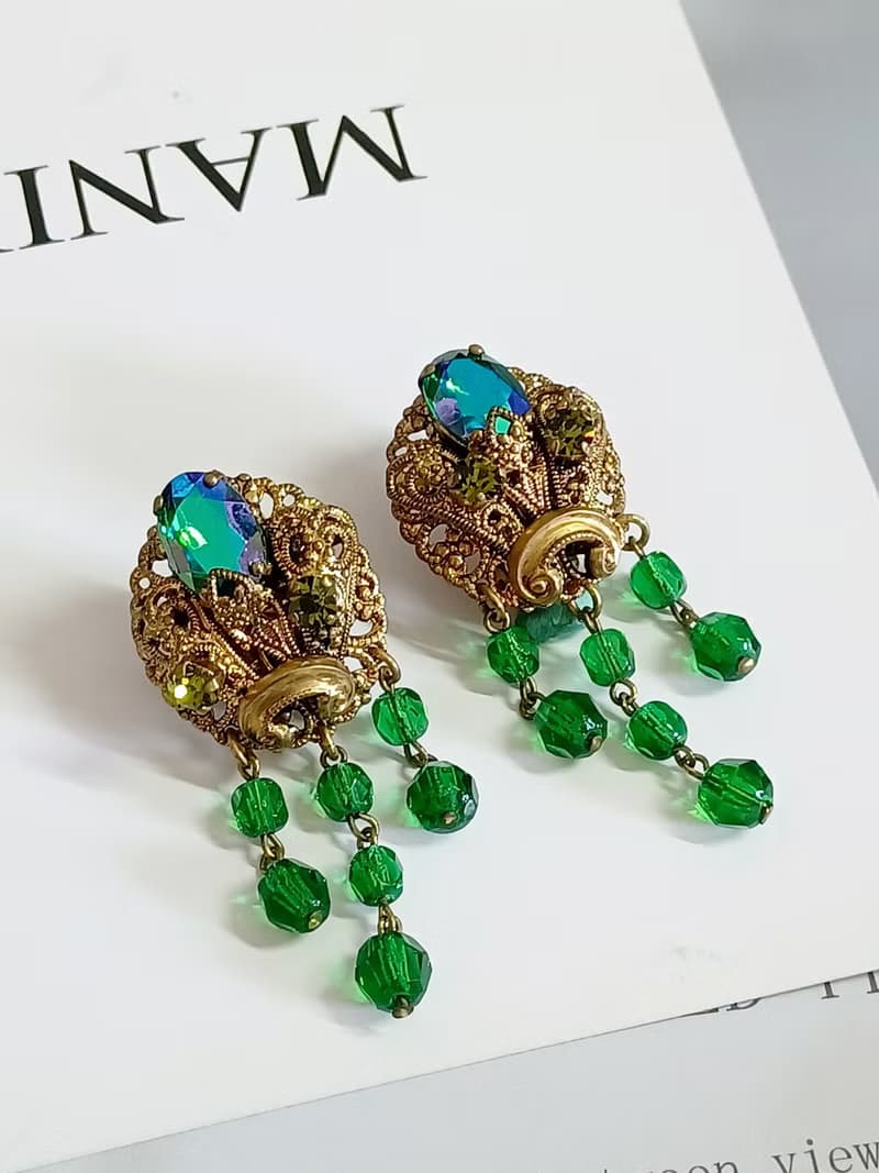 vintage jewelry  古董西德製極光萊茵流蘇 夾式耳環