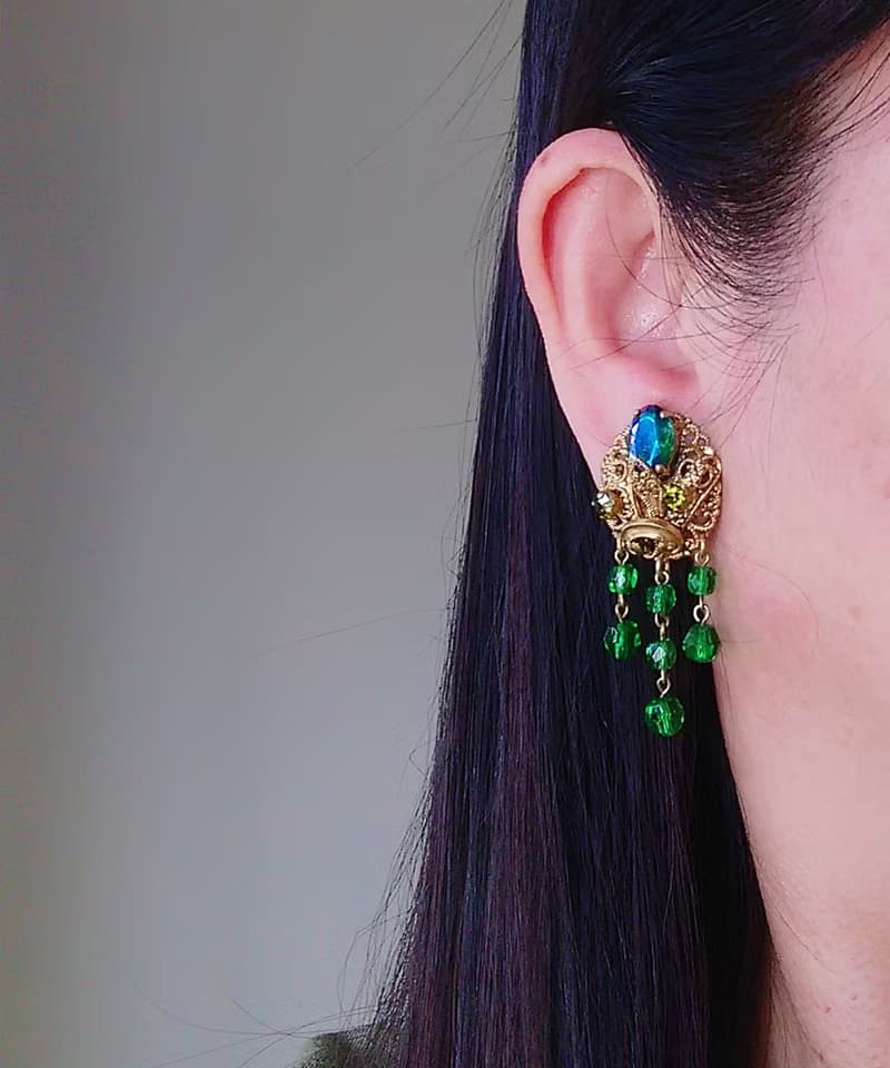 vintage jewelry  古董西德製極光萊茵流蘇 夾式耳環