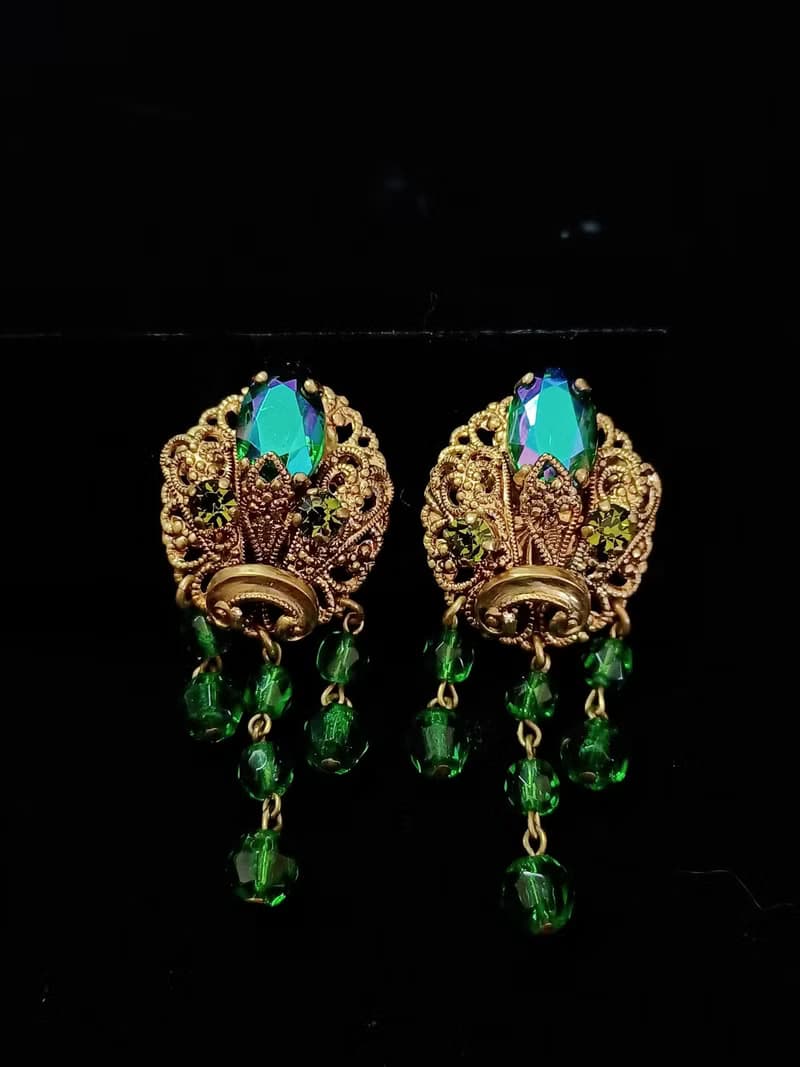 vintage jewelry  古董西德製極光萊茵流蘇 夾式耳環