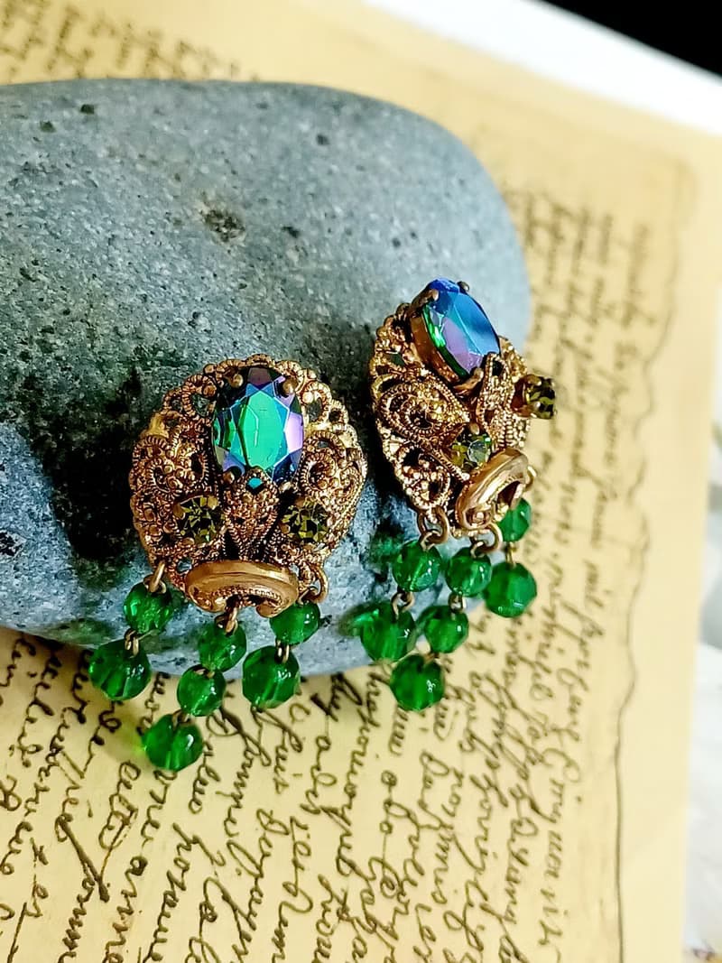 vintage jewelry  古董西德製極光萊茵流蘇 夾式耳環