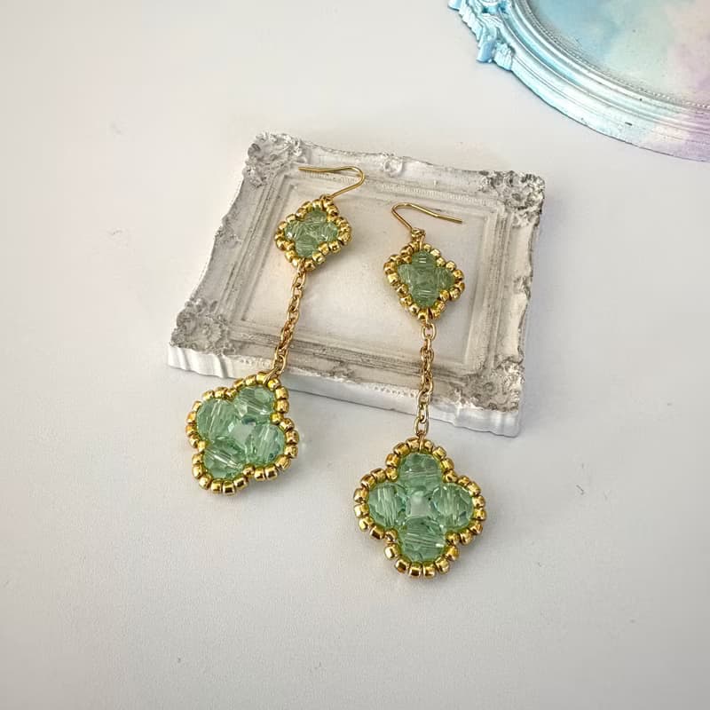 Clover Dangle Earrings Handmade Beaded Jewelry 24K gold Plated Chain Green