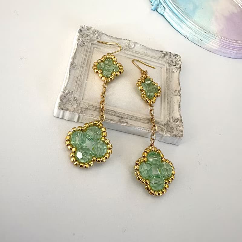 Clover Dangle Earrings Handmade Beaded Jewelry 24K gold Plated Chain Green
