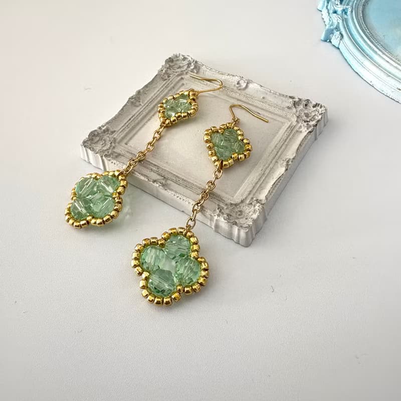 Clover Dangle Earrings Handmade Beaded Jewelry 24K gold Plated Chain Green