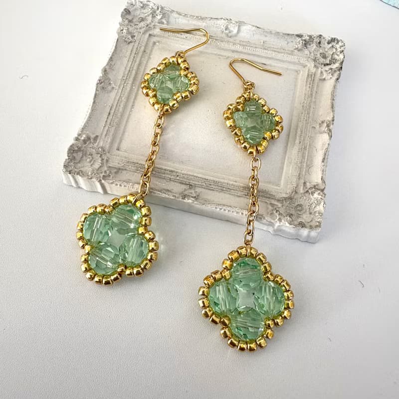 Clover Dangle Earrings Handmade Beaded Jewelry 24K gold Plated Chain Green