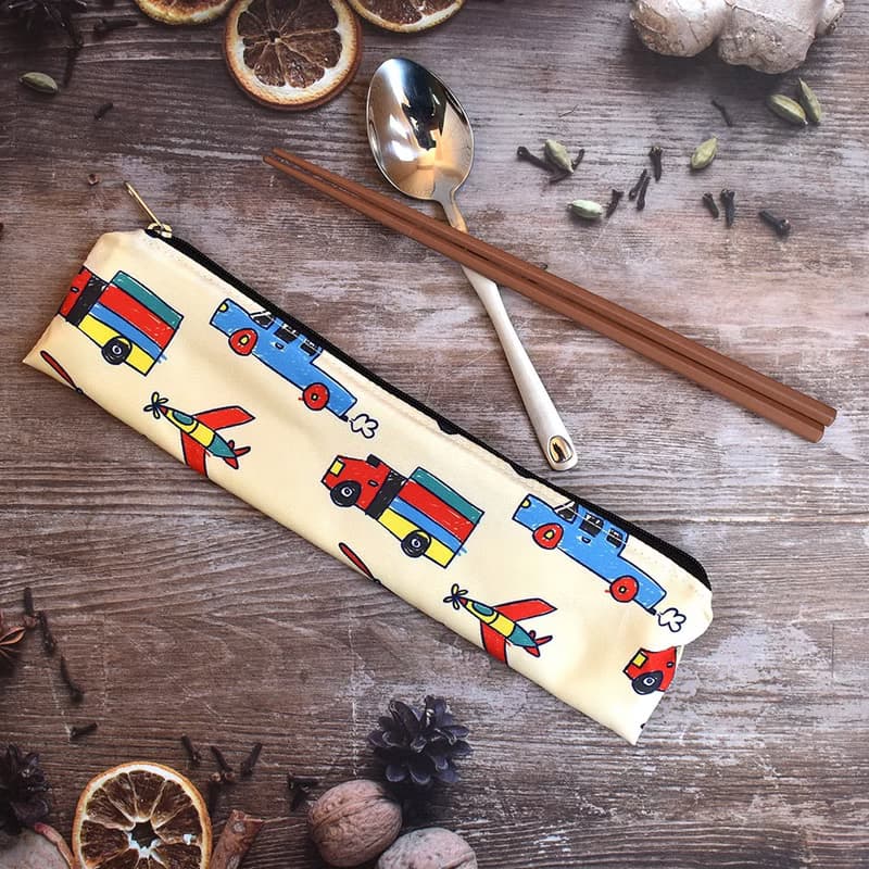 外出餐具組(筷袋+筷子+湯匙)_手繪小車