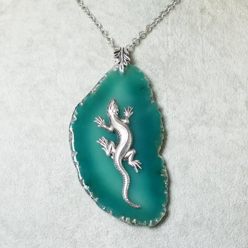 Silver Lizard Necklace Green Agate Slice Slab Stone Pendant Necklace Jewelry